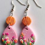 Spring Garden Floral Teardrop Dangle Earrings with Textured Orange Stud