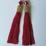 Crimson Red Tassel Earrings with Gold Beaded Cap & Ruby Crystal Accent Modern, Trendy Fashion