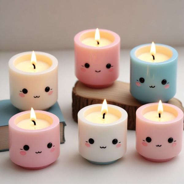 6 Pcs Kawaii Pastel Candle Stand Set – Cute Face Tealights for Cozy Decor