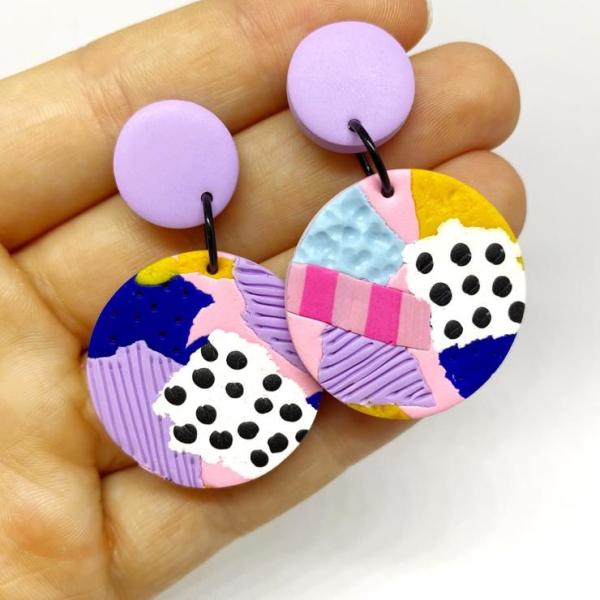 Abstract Art Polymer Clay Dangle Earrings - Playful Pastel Patchwork Design