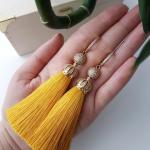 Golden Glow Tassel Earrings – Handmade Yellow Threads with Rhinestone Charm