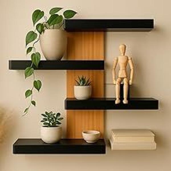 Staggered Black Wall Shelf – Modern Minimalist Display Unit