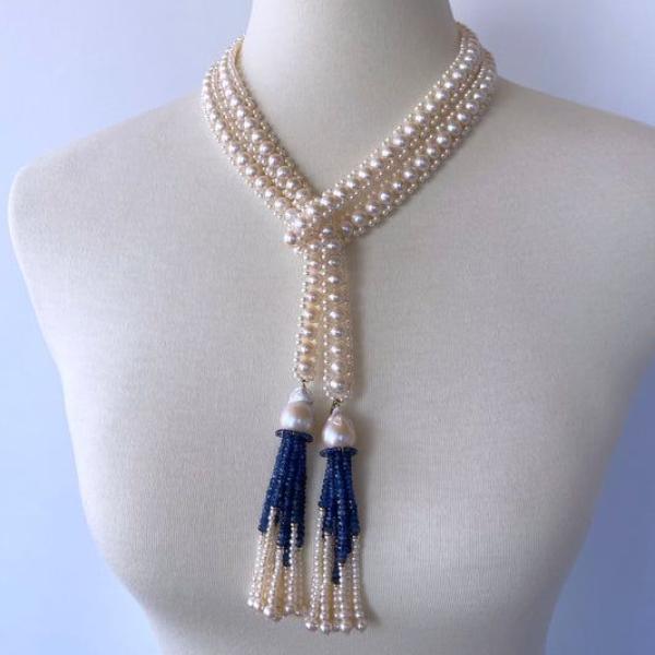 Elegant Pearl and Sapphire Blue Beaded Lariat Necklace Set