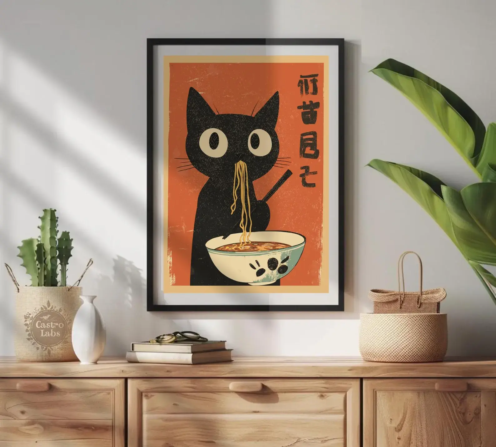 Retro Hungry Black Cat Ramen Poster Japanese Food Art Print on PVC Board with Double sided tape - Size 6"inch x 8"inch