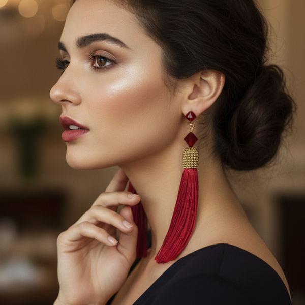 Crimson Red Tassel Earrings with Gold Beaded Cap & Ruby Crystal Accent Modern, Trendy Fashion